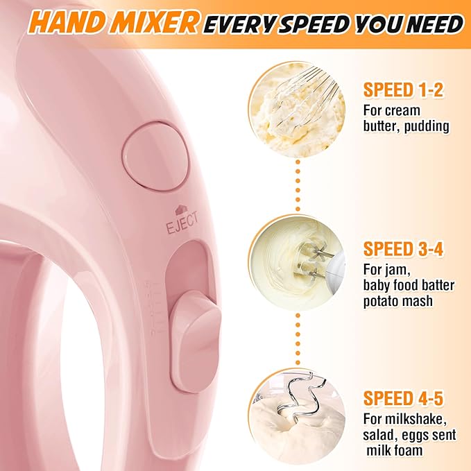 Handmixer Electric Handheld - 7 Speed Portable Kitchen Mixer Electric with 5 Stainless Steel Accessories Whisk, Food Beater for Whipping Mixing Cookies Cakes Home (CX6613-PK)