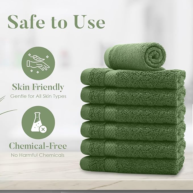 DAN RIVER 12-Pack Premium 100% Cotton Sage Green Face Towels for Bathroom - Reusable Face Wash Cloths for Showering 12x12 Inches - 550 GSM Super Soft & Absorbent Luxury WashCloths for Body, Spa & Gym