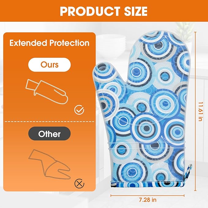 Silicone Oven Mitts Set Heat Resistant 2PCS Kitchen Mittens with Soft Cotton Lining Long Waterproof Non-Slip Oven Gloves for Cooking, BBQ, Baking-Blue