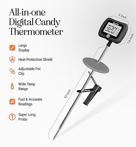 Digital Candy Thermometer with Pot Clip, 10" Long Stainless Steel Probe, Instant Read Kitchen Thermometer for Cooking, Baking, and Candy Making (Dark Gray)