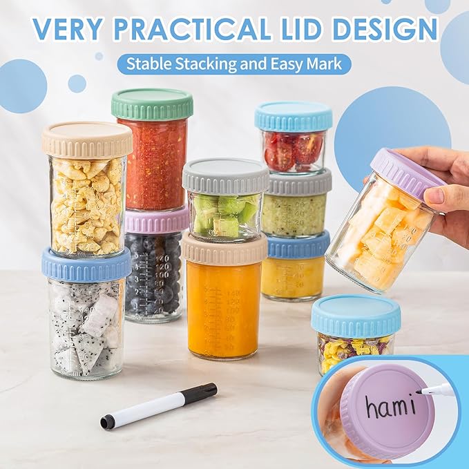 DRKIO 6 Pack Glass Baby Food Storage Containers - 4 & 8 oz Baby Food Jars with Lids Baby Food Maker Microwave Dishwasher Freezer Safe 100% Leak Proof BPA Free Reusable
