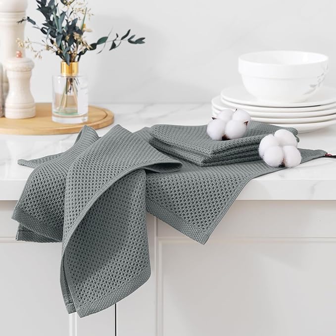 Kitinjoy 100% Cotton Kitchen Towels and Dishcloths Set, 8 Pack-13" x 28" and 12" x 12" Waffle Weave Dish Towels, Ultra Soft Absorbent Quick Drying Dish Rags, Multicolor