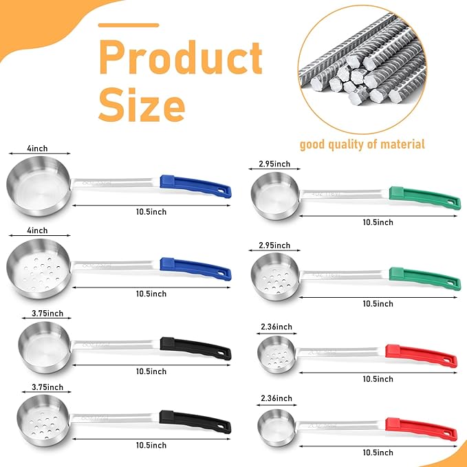 Teenyyou 16 Pcs Portion Control Serving Spoons, Restaurant Measuring Serving Ladle Utensils, Portion Control Slotted Scoops for Weight Loss, Solid and Perforated Scoops(4 Colors,4 Sizes)