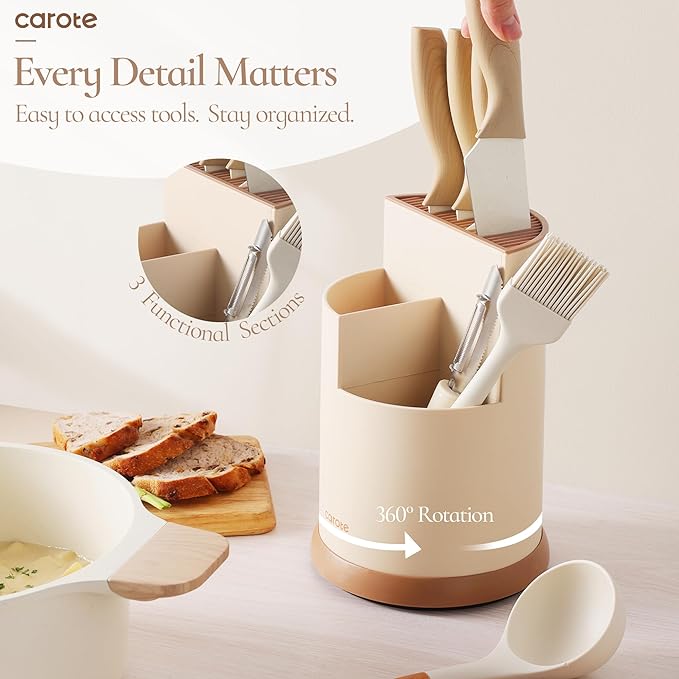 CAROTE 13Pcs Kitchen Utensils Set with 360 Rotating Knife Block, Heat Resistant Cooking Utensils with Wooden Handle, Nonstick Ceramic Surface, Cream White