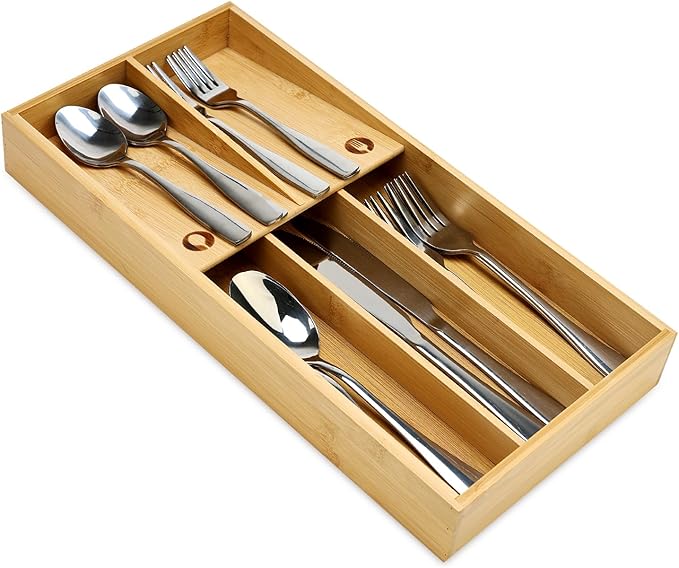 Hilislog Bamboo Silverware Drawer Organizer Cutlery Tray for Drawer Wood Kitchen Utensil Tray Flatware Caddy Cutlery Holder Utensil Drawers Organizer for Spoon Fork Knives Wooden Silverware Trays