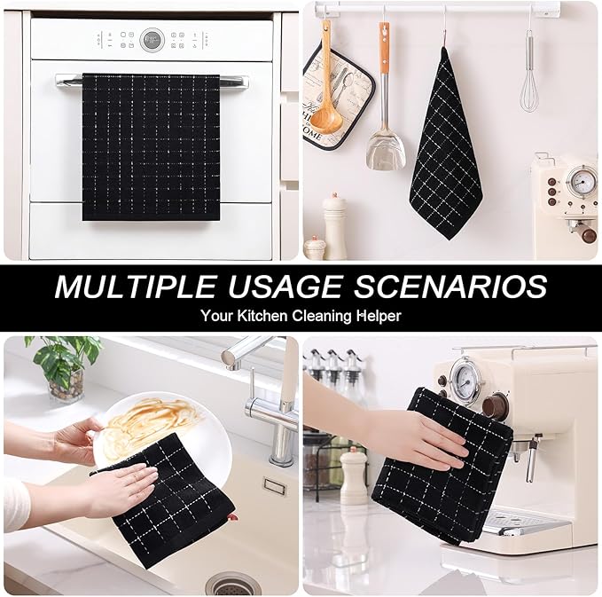 Homaxy Kitchen Towels and Dishcloths Set, 12 x 12 and 13 x 28 Inches, Set of 10 Bulk Cotton Terry Kitchen Towels Set, Checkered Designed, Soft and Super Absorbent Dish Towels, Black