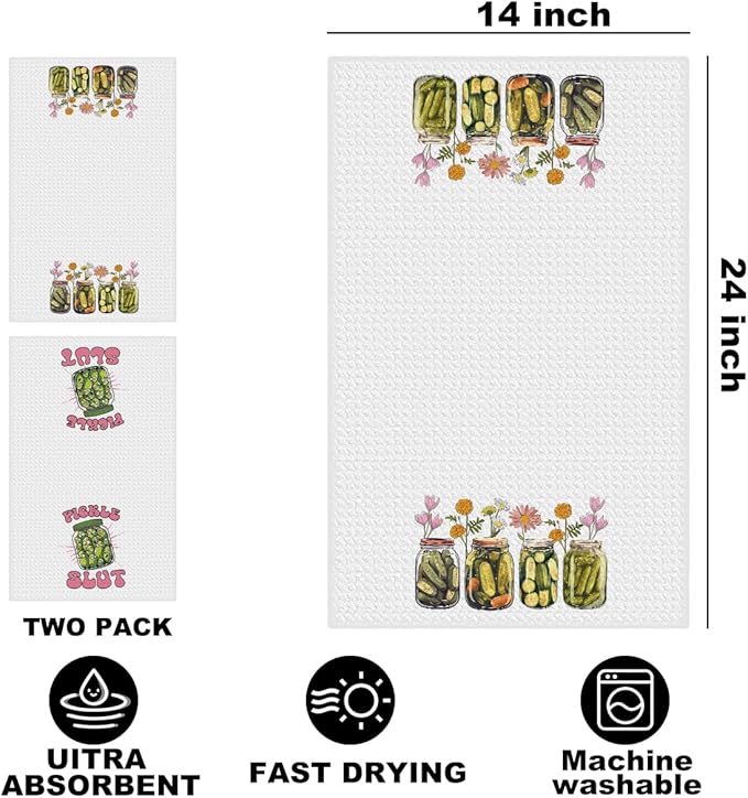 2Pcs Pickle Kitchen Towels, Pickle Lover Gifts Floral Tea Towel Decorative Reusable Dish Hand Towels Food Lover Gift for Cleaning Drying Women Housewarming Gift 14 x 24 Inch Kitchen Decor