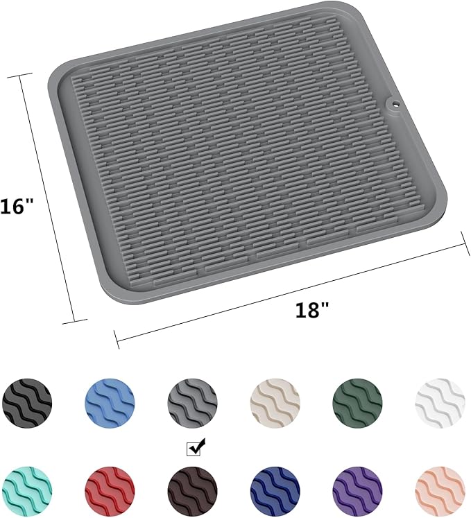 ZLR Large Silicone Dish Drying Mat (16" x 18") - XL Heavy Duty Drainboard Mat for Pots, Pans & Family Loads - Heat Resistant Trivet & Counter Protector, Easy Clean (Dark Gray)