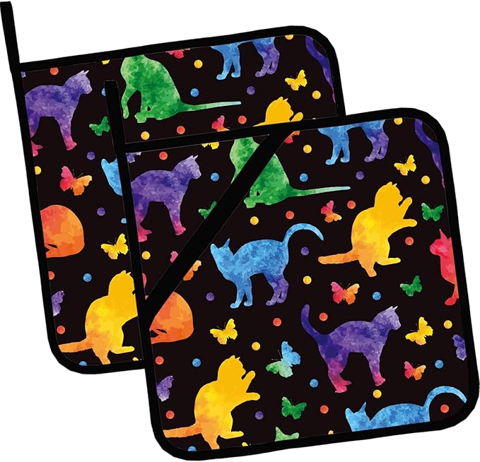Colorful Cat Silhouette Pot Holders 2 PCS,Kitchen Heat Resistant Hot Pads for Cooking Grilling Baking BBQ, Pot Holders for Women Cook Home Microwave