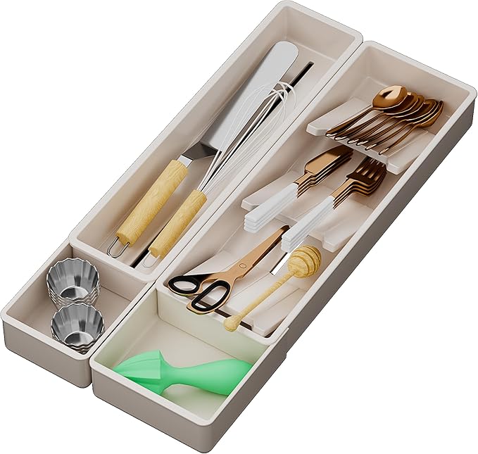 Silverware Drawer Organizer with Expandable Panel & Removable Dividers – Fits 15.67" to 21.18" Kitchen Drawers, Space-Saving Utensil Storage Solution (Milk White, W8.66 x L15.7 inches)