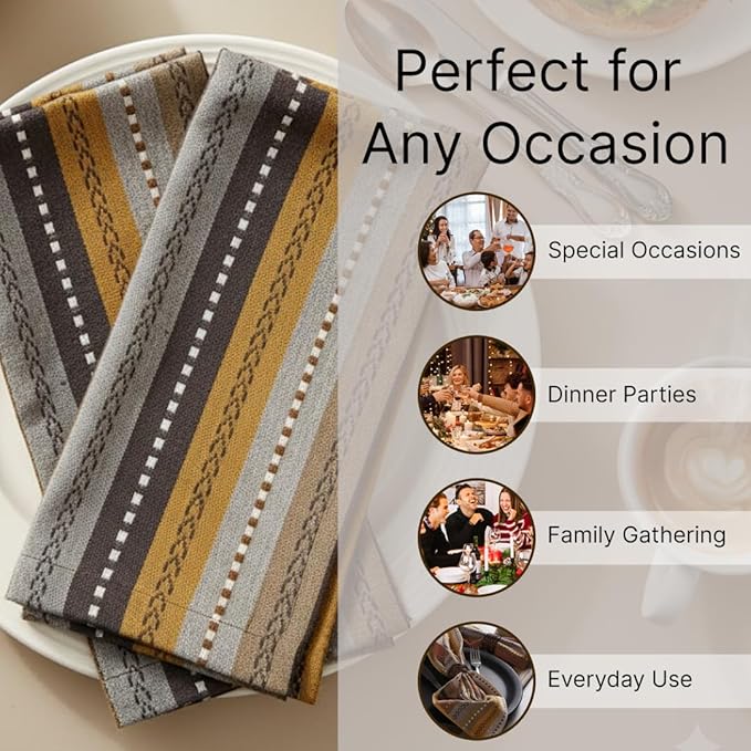 LFH Home Cotton Rich Cloth Salsa Napkin Set of 24 Washable Soft Durable Striped Table Napkins for Dining Wedding, Daily Use Reusable Eco-Friendly Napkins for Elegant Table Settings(18x18)- Brown