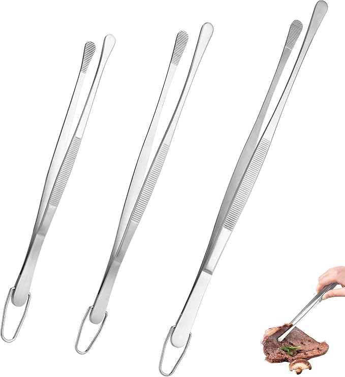 U-Taste 8"+10"+12" Kitchen Cooking Tweezer: 18/8 Stainless Steel Food-Grade Metal Food Tong, Flexible Pinching, Seamless-Welding and Sturdy for Serving Grilling Frying, Plating, Feeding (Round Tip)