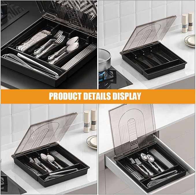 SHOWERORO Large Flip-top Kitchen Silverware Box with Dividers, Black Cutlery Organizer Drawer Storage Tray for Forks, Spoons, and Knives, Convenient Utensil Storage Solution for Kitchen