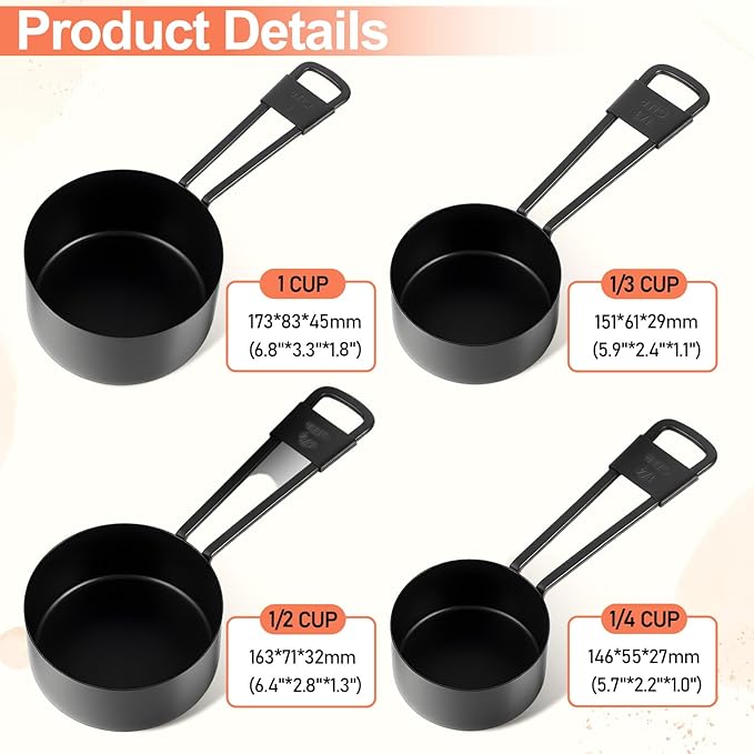 9 PCS Black Stainless Steel Measuring Cups and Spoons Set, Nesting Metal Measuring Cup with Ring Connector for Liquid and Dry Ingredients, Cooking and Baking (Black)