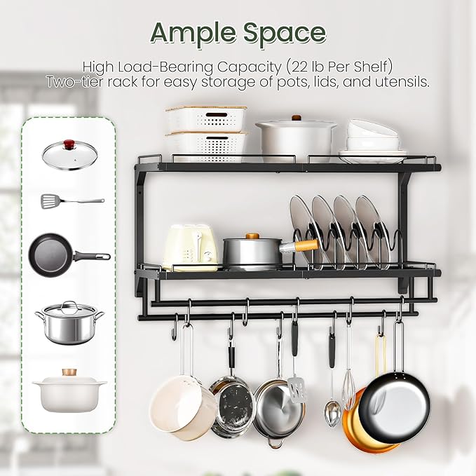CHOEZON Pot Rack, Wall Mounted Pan Holder, 2-Tier Pot and Pan Organizer, Pot Hanger with 10 S-Shaped Hooks, Cookware Organizer with 5 Removable Metal Wire Dividers, Black TPR35BB