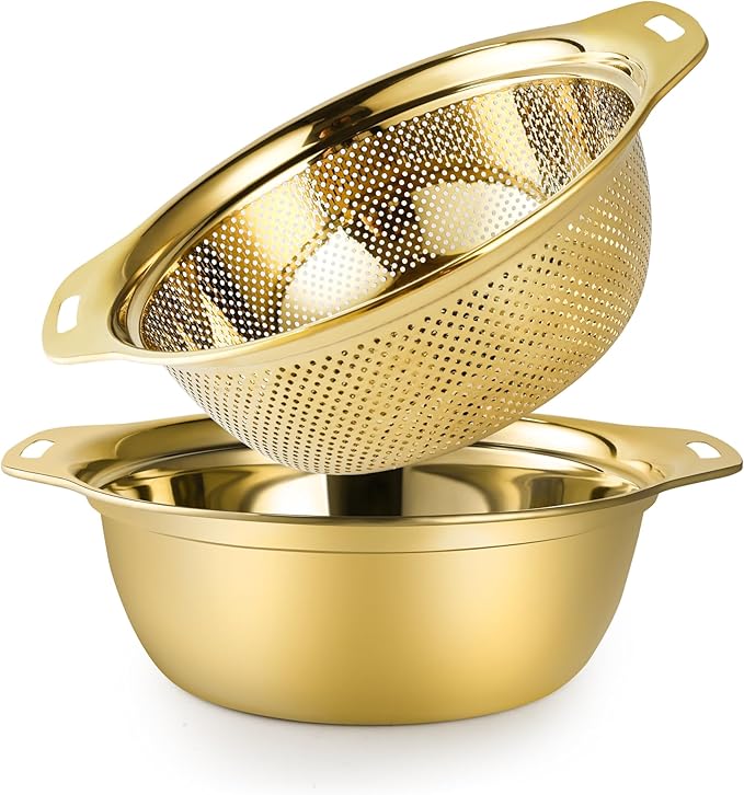 Colander 304 Stainless Steel 4-quart with Mixing Bowls, Strainer for Kitchen Food For washing vegetables, fruit, rice, Dishwasher Safe. (Gold 2PC)