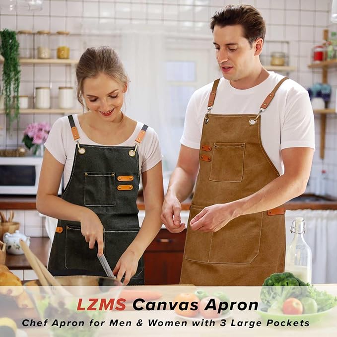 LZMS Chef Apron for Men & Women, Canvas Cross Back Work Apron with 3 Large Pockets, Water-Resistant, Adjustable Size M-XXL