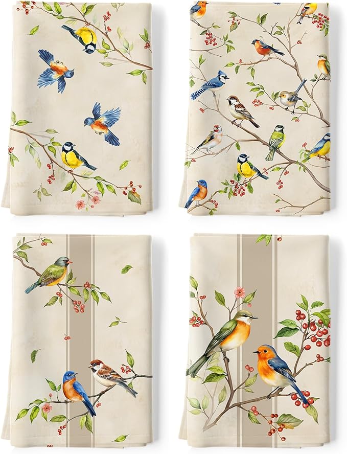 Bird Branch Tea Towels 100% Cotton Quick Dry Retro Kitchen Towels, 18.9 x 27.5'' Absorbent Dish Cloth for Kitchen Home Decor, Housewarming, Birthday Gifts for Mom, Set of 4