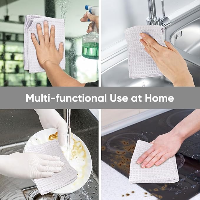HOMEXCEL Waffle Weave Microfiber Towel, 10 Pack Lint Free Cleaning Rags, 12 x 12 Inches Barista Towels, Reusable Microfiber Cleaning Cloth for Household, Kitchen, Glass and Window, White