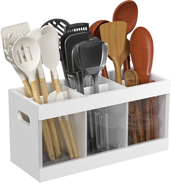 Yofidra Bamboo Utensil Holder & Silverware Organizer: Extra Large Cooking Holder with Absorbing Drying Stone and 6 Compartments Kitchen Countertop Storage Farmhouse Decor Accessories, White