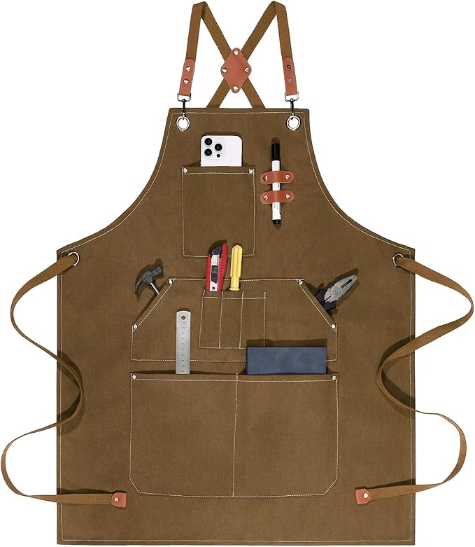 Work Aprons for Men Women with 9 Pockets Chef Apron 14oz Cotton Canvas Cross Back Aprons Heavy Duty Apron Brown Tool Apron for Woodworkers Kitchen Cooking Apron Waterproof Apron Size M to XXL