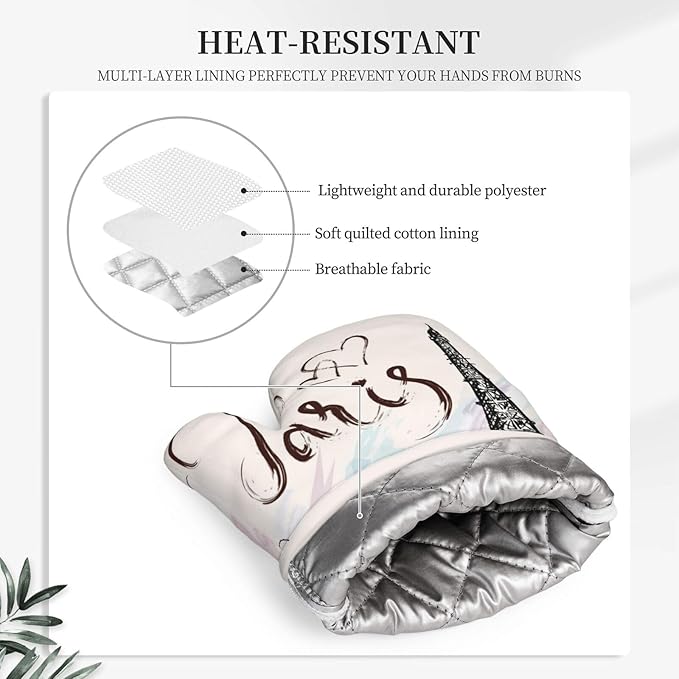 Pretty Romantic Paris Eiffel Tower Oven Mitts and Pot Holders Sets of 4, Heat Resistant Silicone Oven Mittens and Potholders Gloves Hot Pads for Kitchen Cooking Baking Grilling BBQ Chef