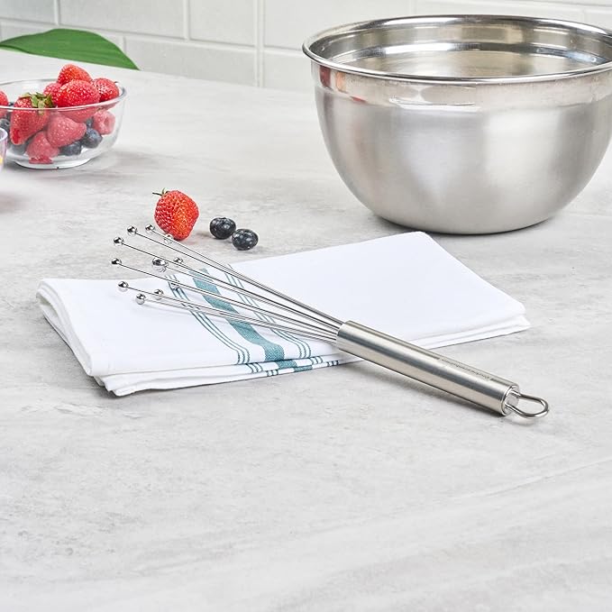 Restaurantware 10.5 in Stainless Steel Ball Whisk - 6 Pack - German Standard Egg Beater with Ergonomic Handle, Dishwasher Safe - Manual Mixer Cooking Whisk for Baking, Stirring, Sauces, Beating