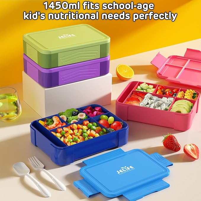 Jelife Bento Lunch Box for Kids - 1450ml Leakproof Kids Bento Box 6 Compartments Toddler Lunch boxes with Silverware for Back to School, Reusable LunchBox Snack Container for Daycare