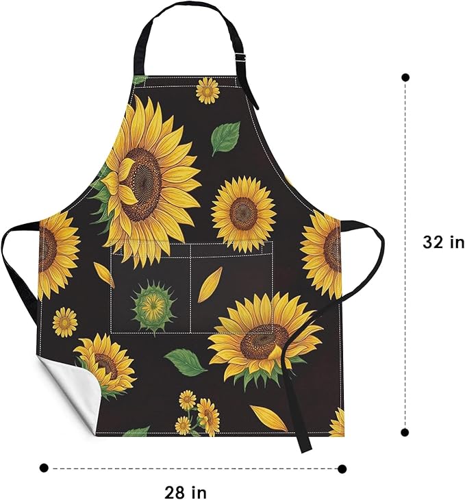 Britimes Apron Home Kitchen Cooking Baking Gardening for Women Men with Pockets Sunflowers Floral Flowers Leaf Vintage 32x28 inch