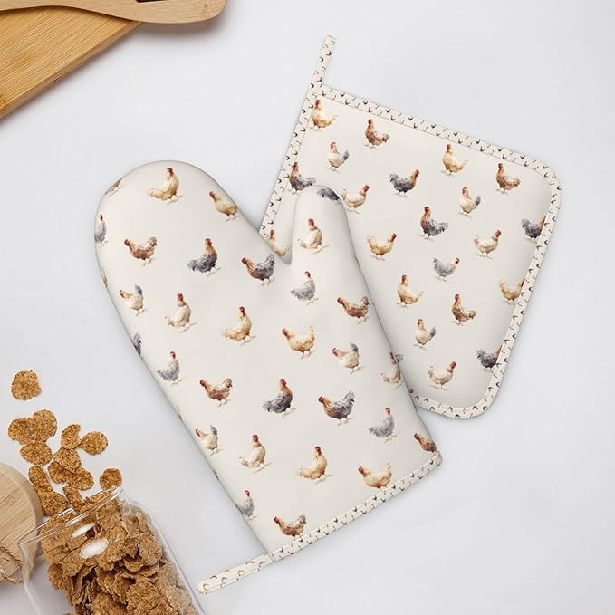 Oven Mitts and Pot Holders Chicken Pattern Silicone Kitchen Accessories Set of 2 Heat Resistant Long Gloves Potholder Non-Slip Grip for Chef Cooking,Baking,Grilling,BBQ