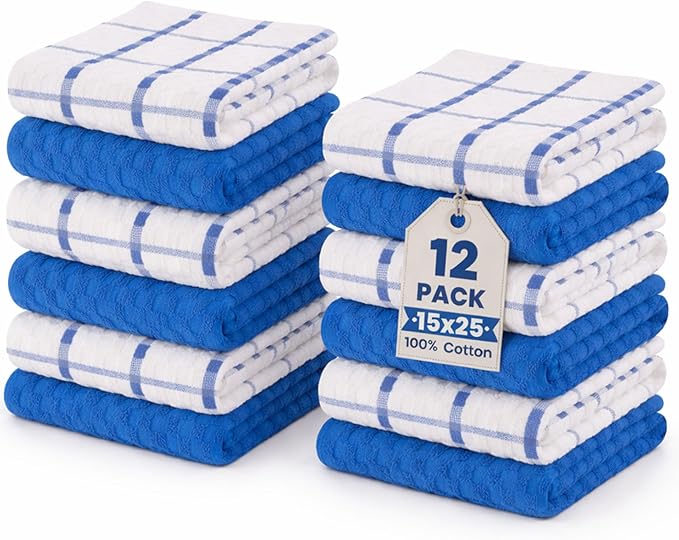 GOLD TEXTILES Kitchen Towels 12 Pack Premium 100% Cotton Dish Towels for Kitchen (15 x 25 Inches) Super Soft & Absorbent Kitchen Hand Towels for Drying Dishes, Cleaning - Reusable and Washable (Blue)