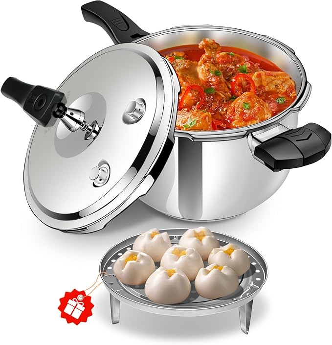 6QT Stainless Steel Pressure Cooker, Heavy Duty Food Grade 304 Pressure Canner with Safety Valve & Heat-Resistant Handle, Compatible with All Stovetops for Home Cooking & Canning
