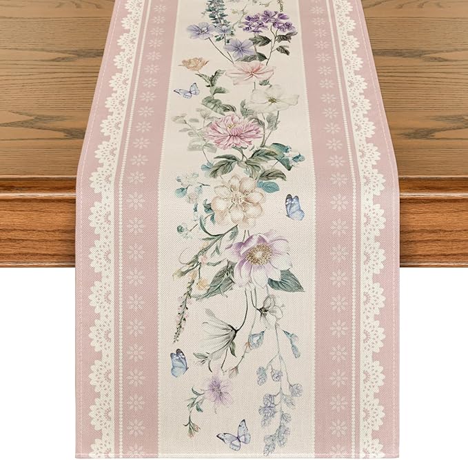 Artoid Mode Pink Printed Lace Floral 210 GSM Spring Table Runner, Seasonal Summer Kitchen Dining Table Decoration for Home Party Decor 13x72 Inch