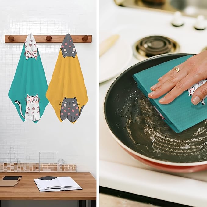 Jztco 2 Pcs Cute Cat Kitchen Towels, Cats Gifts Reusable Hand Tea Towel, Microfiber Dish Cloths for Drying Dishes, Waffle Dish Towels for Kitchen Home Decor, Cat Lover Gifts for Women Mom