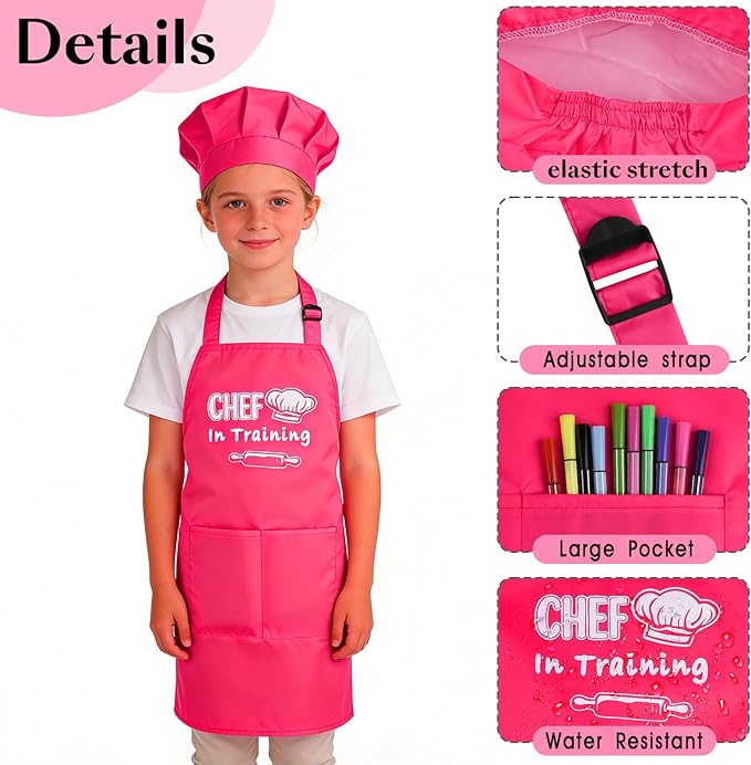 Kids Apron and Chef Hat Set Adjustable Child Aprons with 2 Large Pockets for Girls Boys Cooking Baking Painting Gift