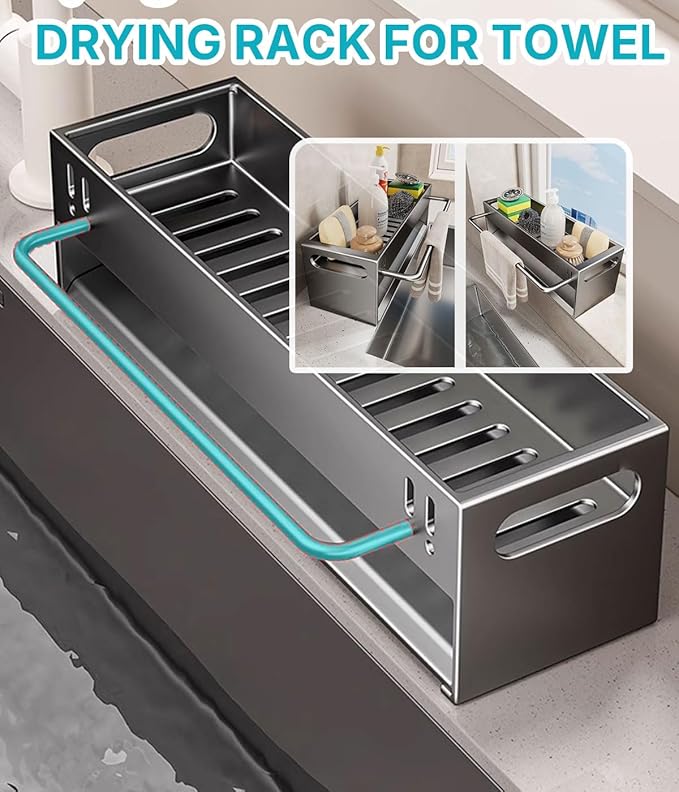 Kitchen Sink Caddy Organizer - Stainless Steel Dish Soap Brush Holder Countertop Sink Organizer for Kitchen Organizers and Storage (GreyLarge)