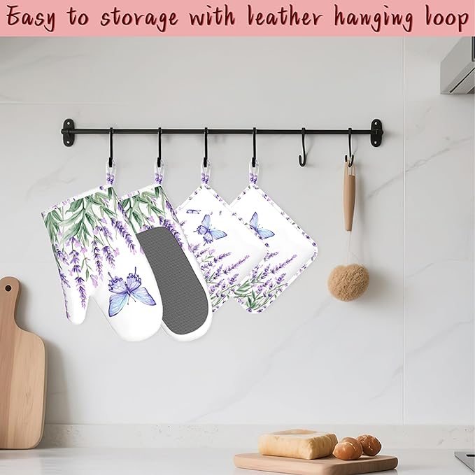 Lavender Heat-Resistant Silicone Oven Mitts and Pot Holders 4 Piece Set,Purple Butterfly Extra Long Non-Slip Kitchen Oven Gloves for Cooking, Baking, BBQ,Grilling