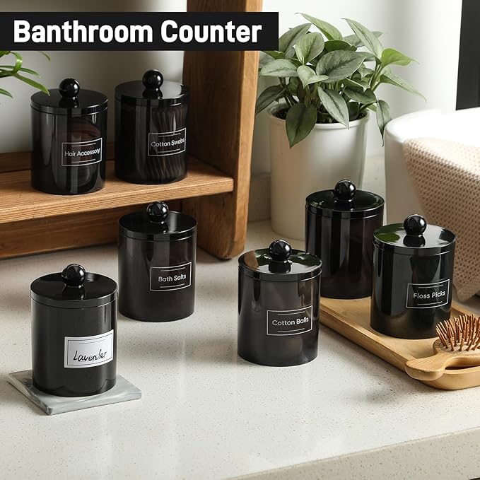 8 Pack Acrylic Qtip Holder Dispenser for Cotton Swabs, Balls, Pads, Floss Picks- Clear Plastic Canister Apothecary Jar Set, Bathroom Essentials Accessories Decor Vanity Makeup Storage Organizer -Black
