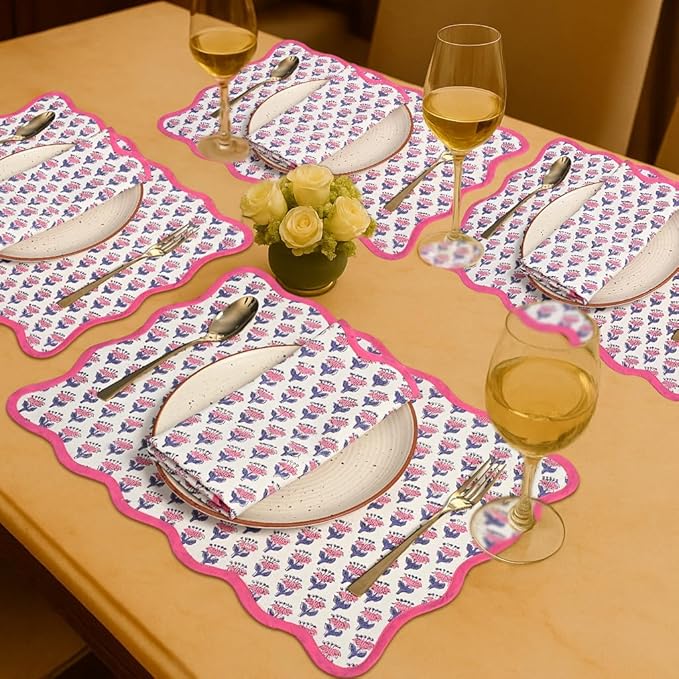 CPC Cotton Placemats Pink Sapphire Set of 4-Hand Block Printed Reversible Placemats, Flower Scalloped & Embroidered Cloth Table Mats - 14 x 20 inch Gift for Spring, Mother's Day