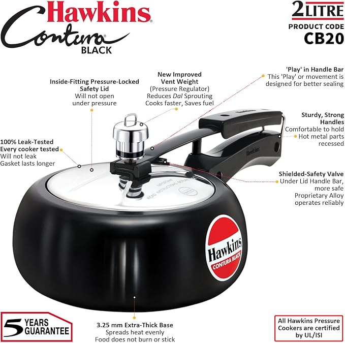 Hawkins 2 Litre Contura Black Pressure Cooker, Hard Anodised Inner Lid Cooker, Handi Cooker, Small Cooker, Black (CB20)