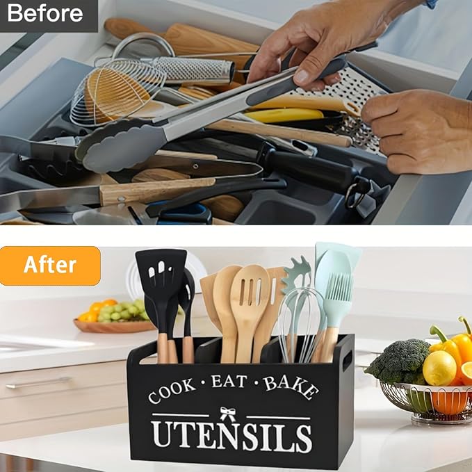 Utensil Holder,Wooden Utensil Holder for Kitchen Counter, Cooking Utensil Organizer with 3 Compartments,Utensil Crock for Silverware Spoon Spatula