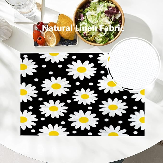 Batmerry Daisy Black White Placemats, Texture Circle Doodle Tiny Flowers Beauty Washable Linen Table Mats for Kitchen Table Double Insulation Decor Dining Set Indoor Outdoor 12X18 in Set of 8