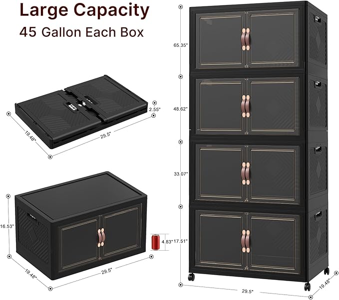 UAMFURI Stackable Storage Bins with Lids, 720QT Lockable Storage Cabinet, Foldable Storage Box with Doors and Wheels, Plastic Drawers for Home, Garage, Office (4, Black, Extra Large)