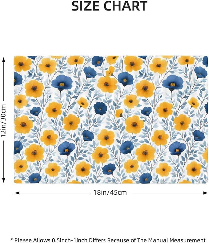 Yellow Blue Floral Linen Placemats Set of 4, Washable Heat Resistant Table Mats for Dining Table Kitchen Holiday Party Farmhouse, Gift for Floral Nature Lovers, Spring Home Decor, 12" x 18" Place Mats