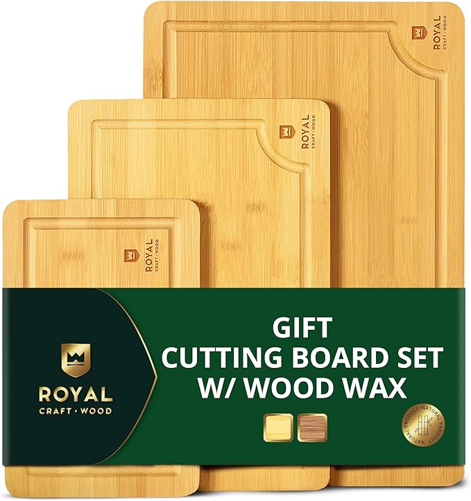 ROYAL CRAFT WOOD Wooden Cutting Boards for Kitchen Meal Prep & Serving - Bamboo Wood Serving Board Set with Deep Juice Groove Side Handles - Charcuterie & Chopping Butcher Block for Meat
