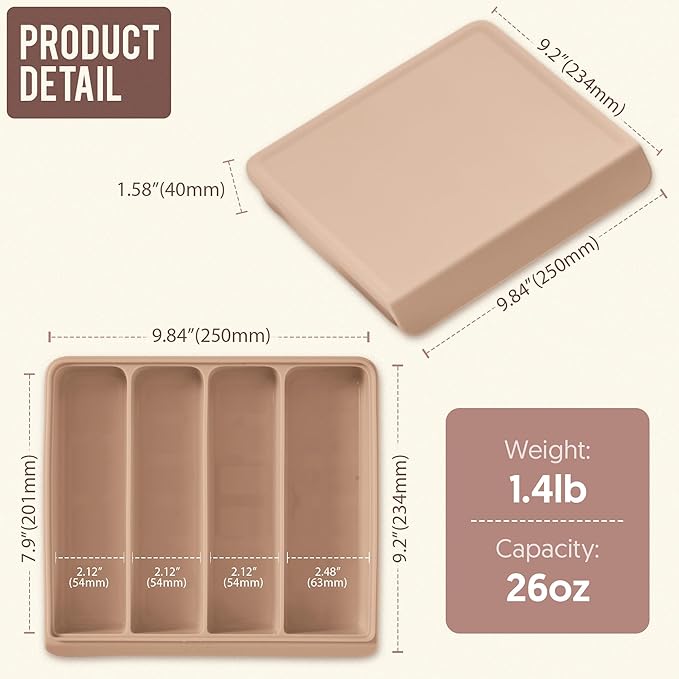 Silicone Baby Food Freezer Tray with Lid Korea - 26oz Stackable Meal Prep Containers for Baby Puree, Homemade Food & Snacks - 4 Compartment Airtight, BPA Free, Microwave Dishwasher Safe - Brown