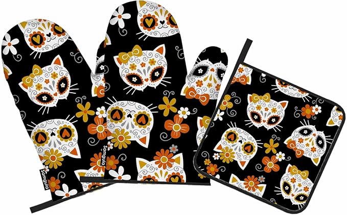 Cat Floral Skulls Oven Mitts and Pot Holders Sets Lovely Animal Head Funny Heat Resistant 3pcs for Cooking Baking BBQ