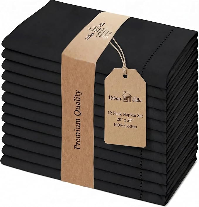 Urban Villa Cloth Napkins Set of 12 20x20 Inches 100% Cotton Hemstitch Napkins Cloth Washable Durable Reusable Absorbent Table Dinner Napkins Cloth for Hotel Lunch Restaurant Weddings Parties – Black