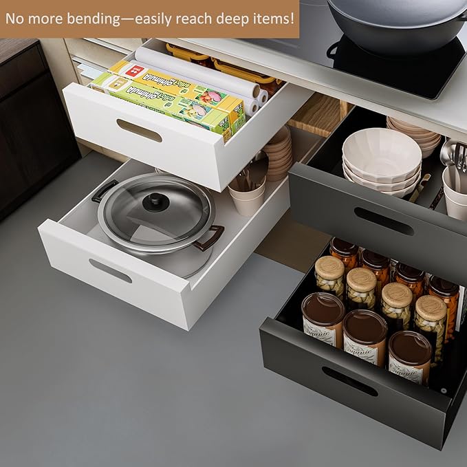 HBL' 2 Pack | 21" Deep Pull Out Cabinet Organizer Adhesive, 10-Inch Wide Sturdy Carbon Steel Roll-Out Drawers, Designed for Frameless Cabinets, Slide-Out Shelves for Pantry.