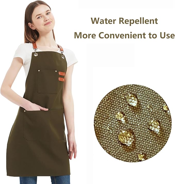 AFUN Chef Aprons for Women Men with Oversized Pockets, 12-Ounce Cotton Canvas Cross Back Water Repellent Apron (Grey Green)